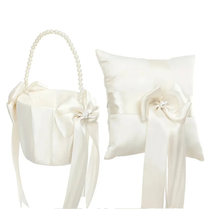New Wedding Ivory Flower Baskets Ribbon Pearls Bow Knot Ring Pillow Cushion Bearer Bridal Party Supplies Gifts Home Decorations