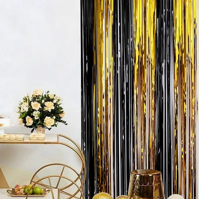 Birthday Party Decorations Backdrop Curtains Glitter Black Gold Tinsel Fringe Foil Curtain Background Wedding Adult Anniversary