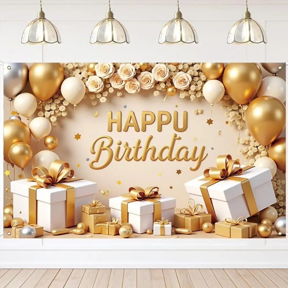 Golden Birthday Party Background Polyester Celebrate Banner Poster Balloon Flower Photography Backdrops Wedding Birthday
