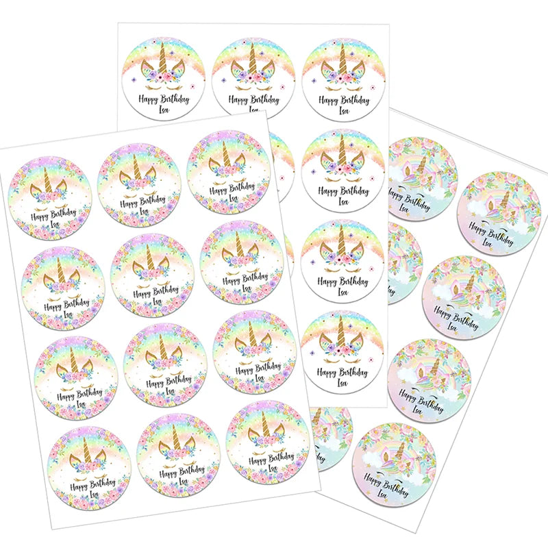 Unicorn Party Sticker Customized Name Text Candy Box Decor Baptism Baby Shower Decorations Kids Favors DIY Supplies