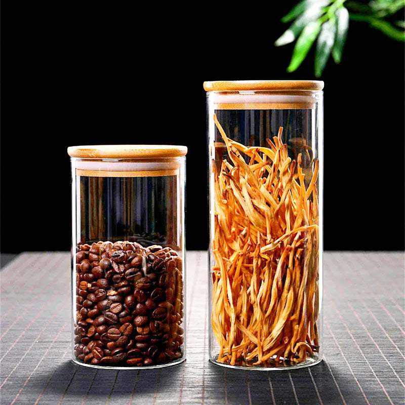 Glass Jar with Bamboo Lid, Kitchen Sealed Storage Bottles, Tea Coffee Bean Container, Spice Organizer, 250 ml, 300 ml, 350 ml