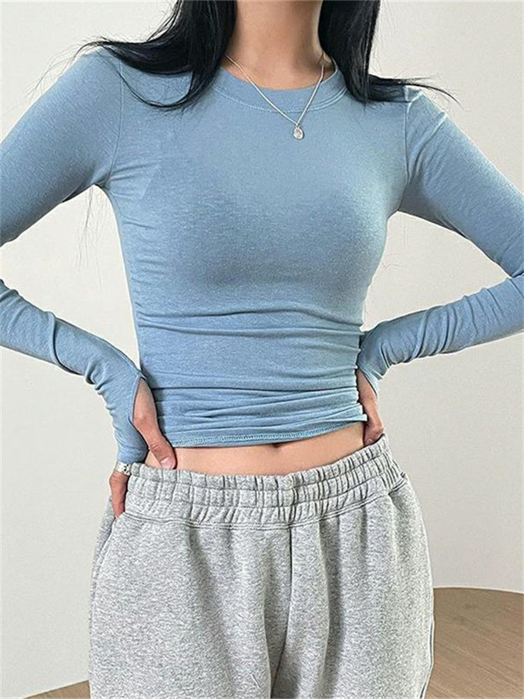 CHRONSTYLE Women Casual Slim Fit Long Sleeve O-Neck T-shirts Tops Spring Fall Solid Color Tees with Thumb Holes Streetwear 2023