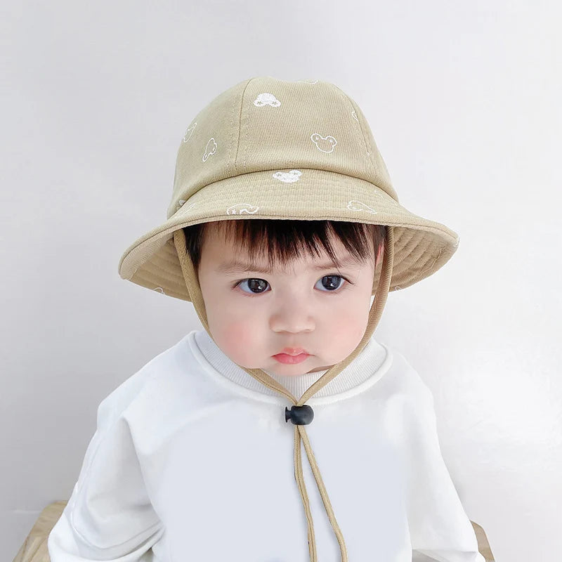 Baby Sunscreen Bucket Hats Cute Cartoon Print Toddler Boy Girl Outdoor UV Protection Fisherman Caps Korean Adjustable Kids Hats