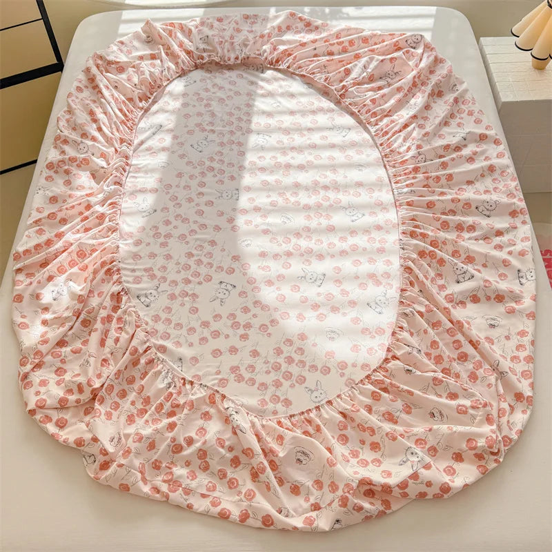 1pc Floral Fitted Bed Sheet Flower Printed Washed Cotton Bed Sheet with Elastic Single/Queen/King Size Bed Fitted Sheets
