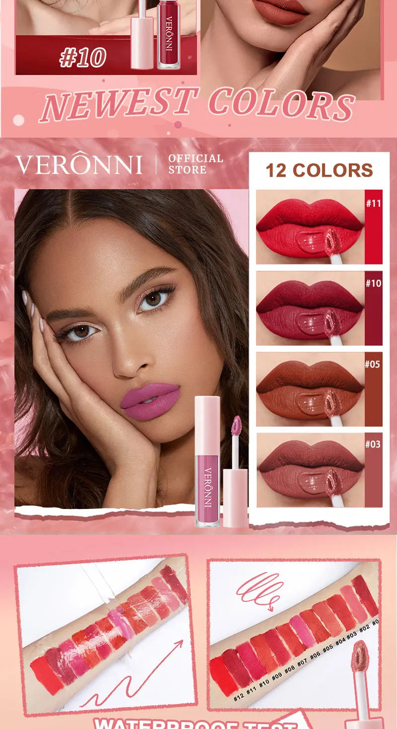 12 Colors Matte Liquid Lipstick 2.3ml Mini Size Vegan&Cruelty-Free Long Lasting Non-Drying Nude to Bold Shades Fade Proof Makup