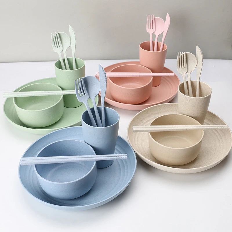 16pcs/set tableware eco friendly degradable plates cup dinner set wheat straw kitchen