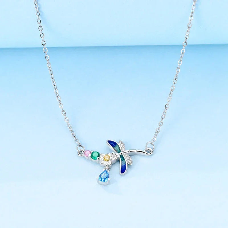 925 Sterling Silver Mystical Dragonfly Crystal Necklace