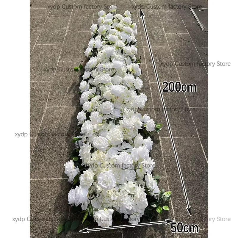 2M Luxurious White Rose Sofa Table Runner Flower Row Wedding Backdrop Decor Floral Arrangement Party table Window Display Props
