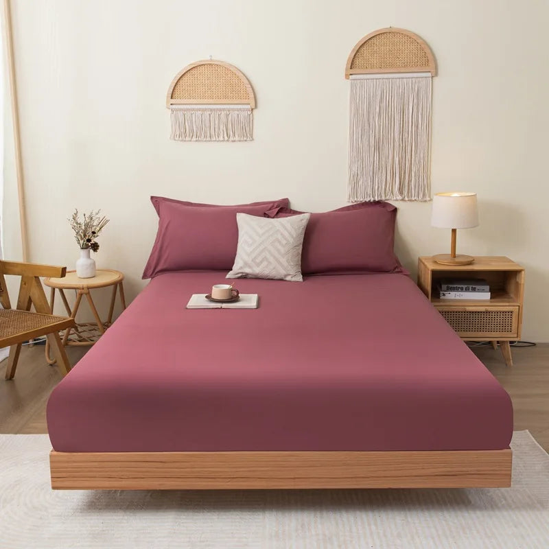 Cotton Fitted Sheet Soild Color with Elastic Band Non Slip Adjustable Mattress Cover for Double King Queen Bed 90/120/150/180M