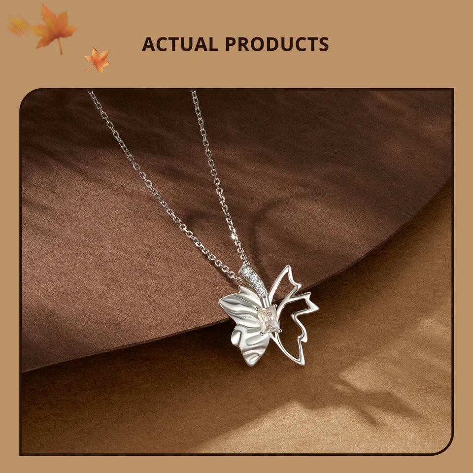 Autumn Elegance: White Gold Plated Sterling Silver Leaf Butterfly Necklace