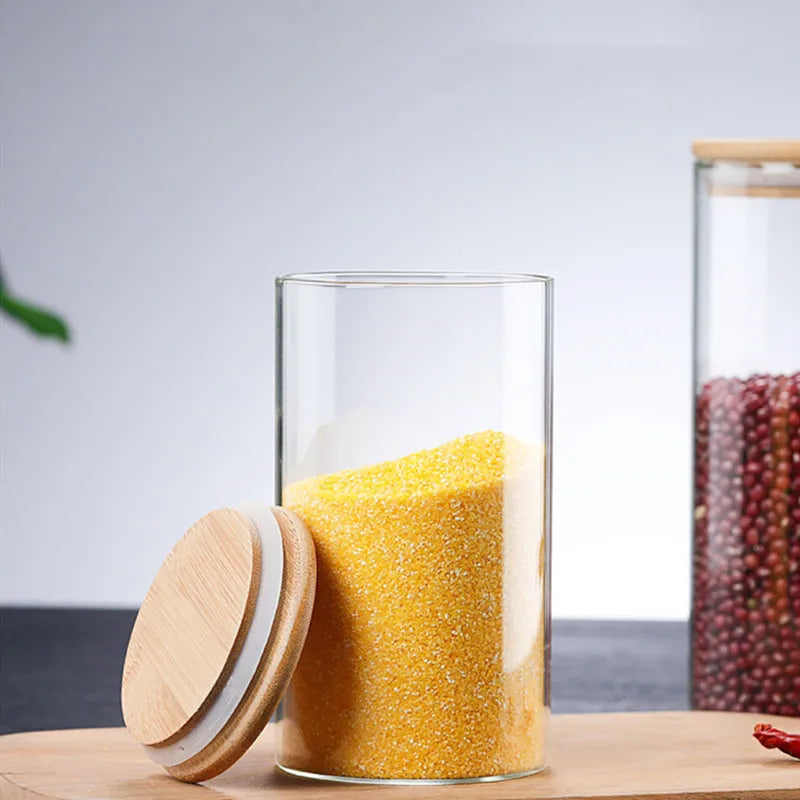 Glass Jar with Bamboo Lid, Kitchen Sealed Storage Bottles, Tea Coffee Bean Container, Spice Organizer, 250 ml, 300 ml, 350 ml