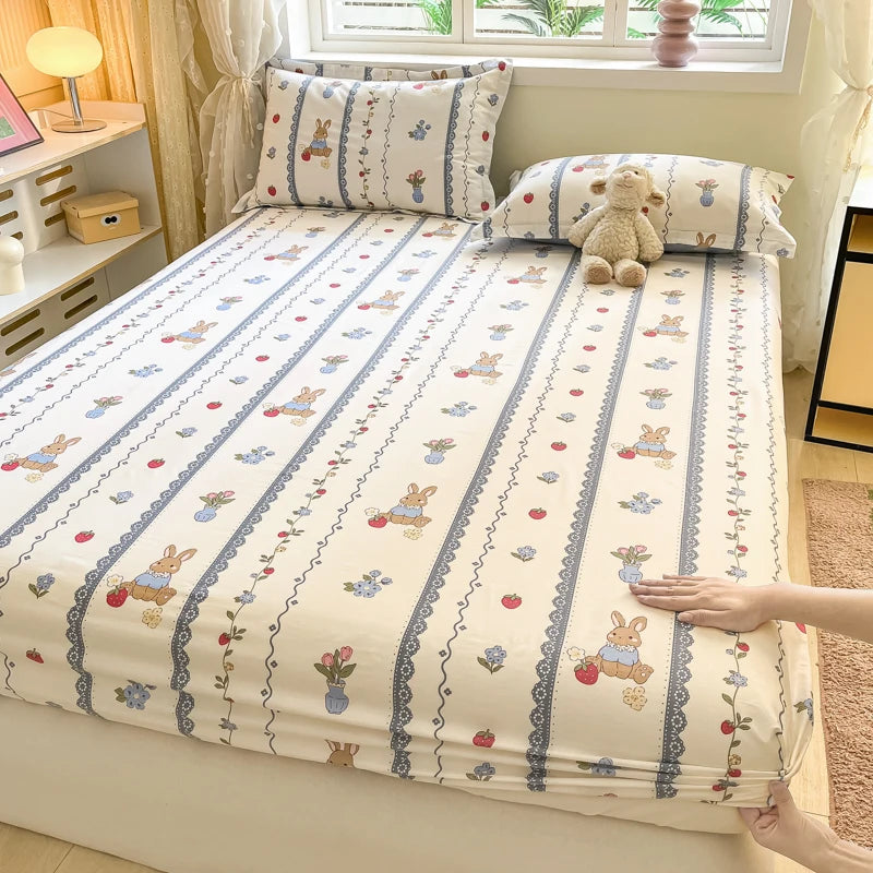Cartoon Style Fitted Sheet Pure Cotton Bed Sheets Adults Kids Room Mattress Cover Printed Bed Linen 매트리스커버 (No Pillowcase)