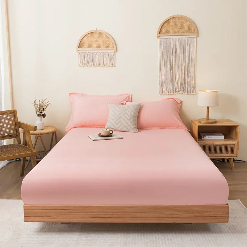 Cotton Fitted Sheet Soild Color with Elastic Band Non Slip Adjustable Mattress Cover for Double King Queen Bed 90/120/150/180M