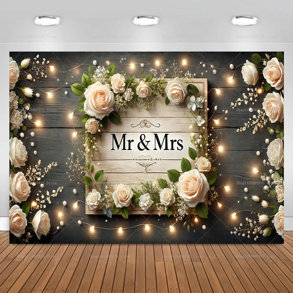Mr & Mrs Rustic Wooden Backdrop Wedding Bridal Shower Bachelorette Party Decirations Photography Background Photo Booth Props