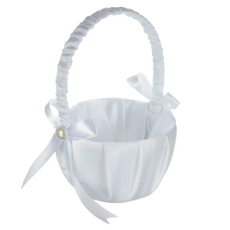 20cm White Girls Flower Basket Silk Wedding Basket for Flower Bride Girls Kids Hand Held Wedding Ceremony Party Decorations