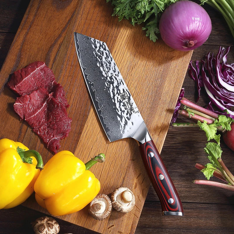 KEEMAKE 7" Inch Nakiri Chef's Knife Damascus Steel Japanese Cleaver Knife Kitchen Ultra Sharp Vegetable Fruit Meat Cutting Knife