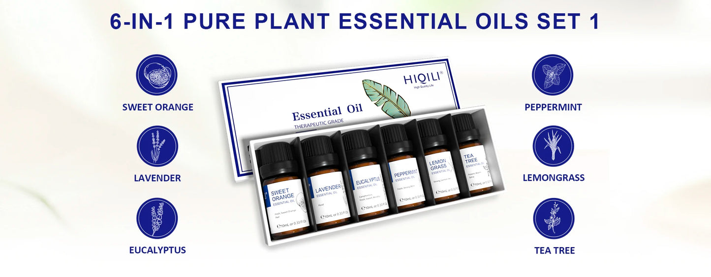 HIQILI Essential Oils Set, Pure Nature Plant Oil for Diffuser Humidifier Hair Skin Care Massage Candle Making-6PCS*10mL