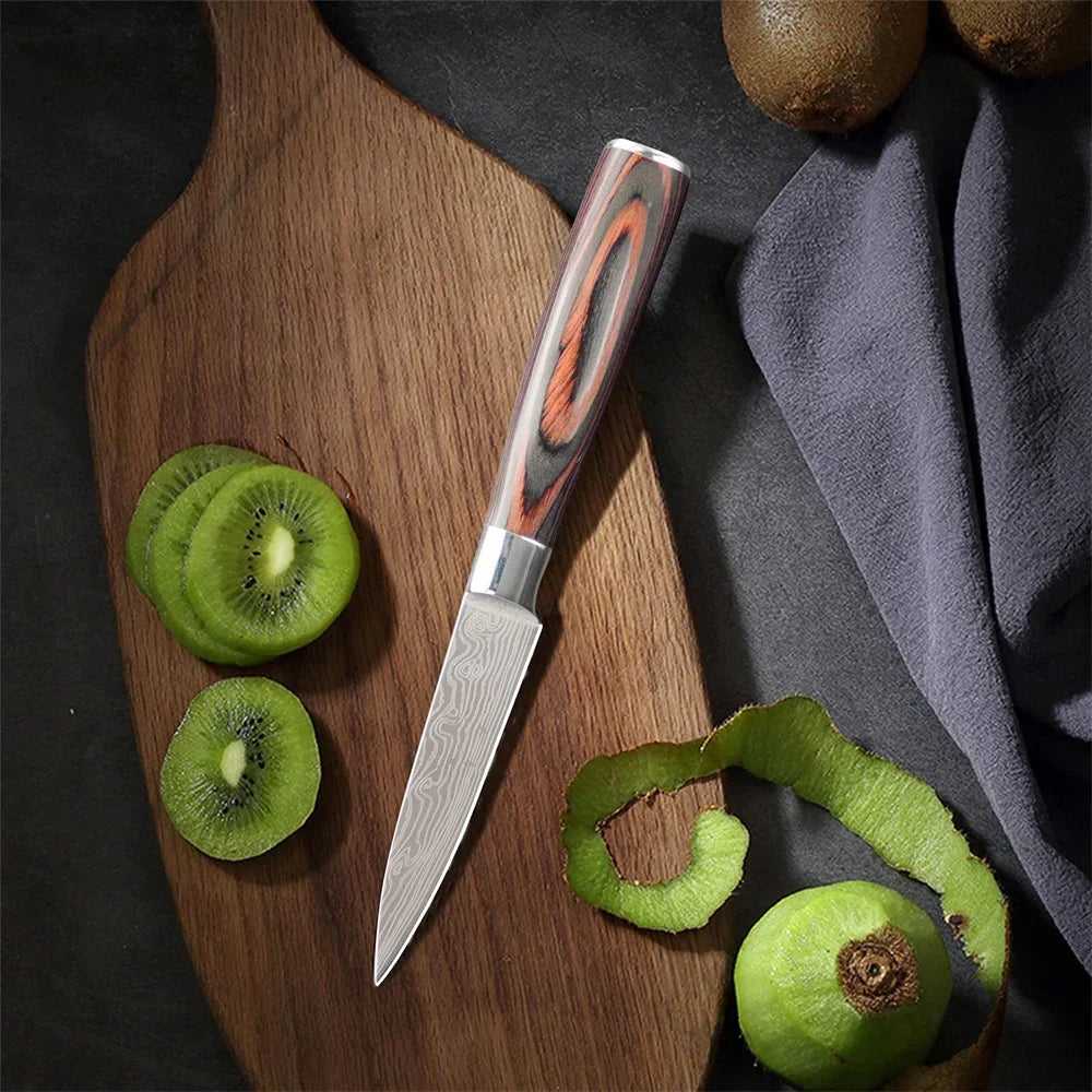 3.5 Inch Kitchen Chef Knife Fruit Knife Stainless Steel Laser Damascus Pattern Colored Wooden Handle Kitchen Knife Kitchen Tools