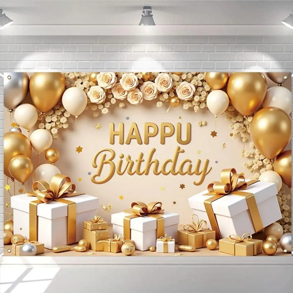 Golden Birthday Party Background Polyester Celebrate Banner Poster Balloon Flower Photography Backdrops Wedding Birthday