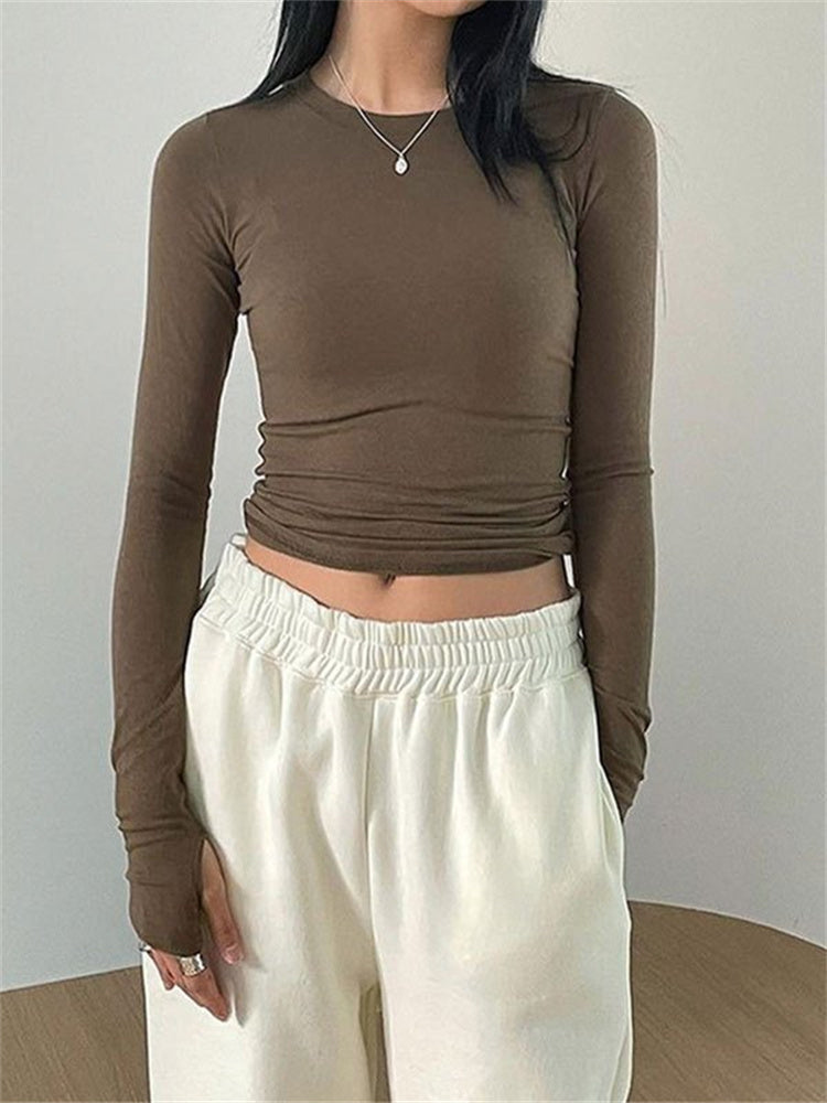 CHRONSTYLE Women Casual Slim Fit Long Sleeve O-Neck T-shirts Tops Spring Fall Solid Color Tees with Thumb Holes Streetwear 2023
