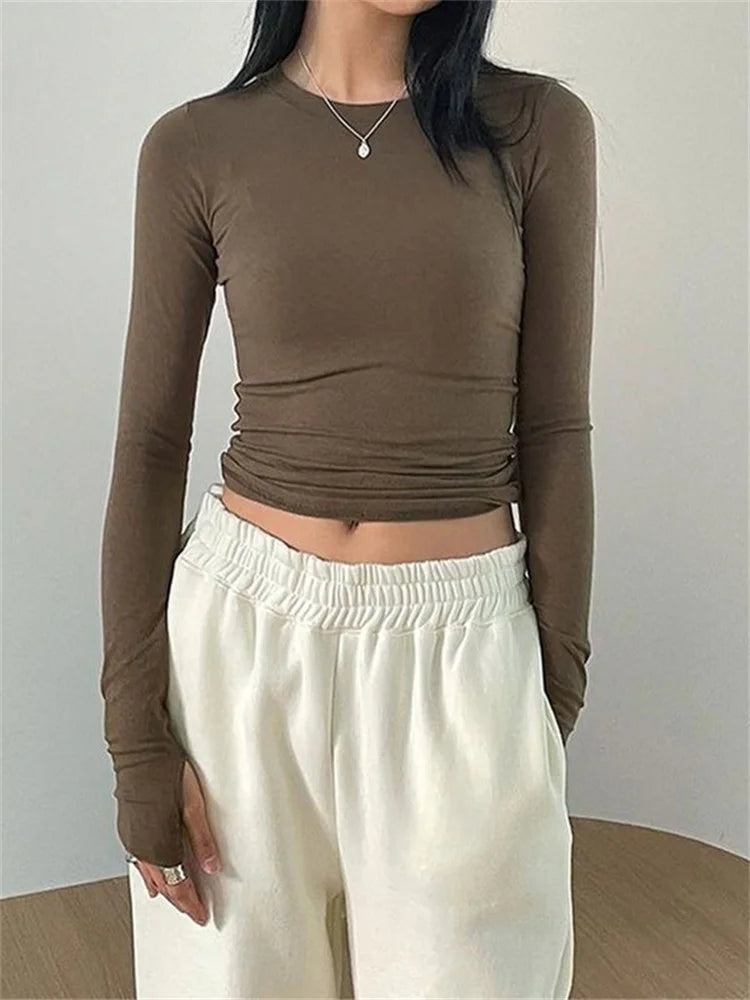 CHRONSTYLE Women Casual Slim Fit Long Sleeve O-Neck T-shirts Tops Spring Fall Solid Color Tees with Thumb Holes Streetwear 2023