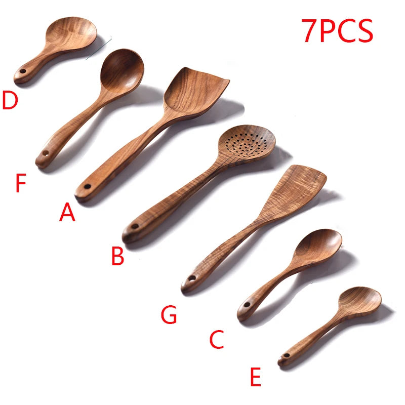 YWDL Natural Teak Cooking Spoon Scoop Kitchen Wooden Spatula Non-stick Utensils Set For Cooking With Hanging Hooks Cookware Tool