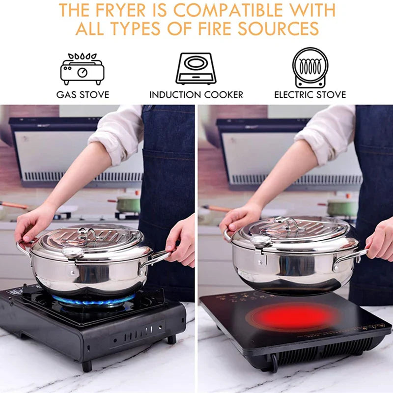 24cm Deep Frying Pot with Thermometer and Lid Silver-4
