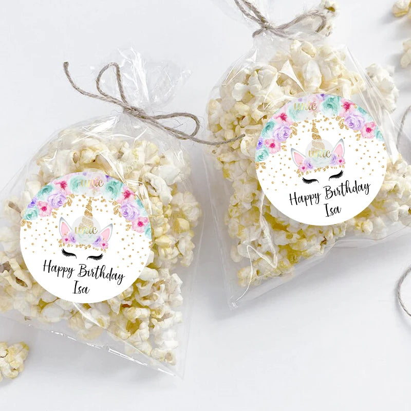 Unicorn Party Sticker Customized Name Text Candy Box Decor Baptism Baby Shower Decorations Kids Favors DIY Supplies