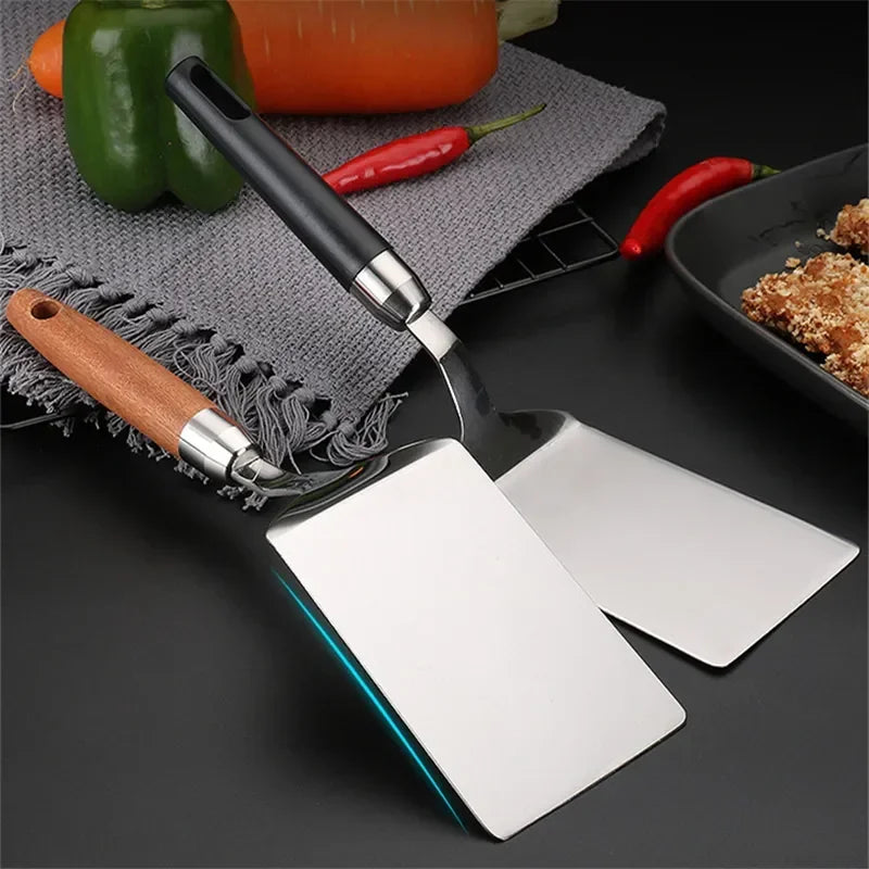 Stainless Steel Square Head Steak Cooking Spatula Pizza Shovel Pancake Beef Turner Scraper Wood Handle BBQ Utensils for Kitchen