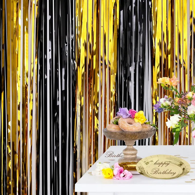 Birthday Party Decorations Backdrop Curtains Glitter Black Gold Tinsel Fringe Foil Curtain Background Wedding Adult Anniversary