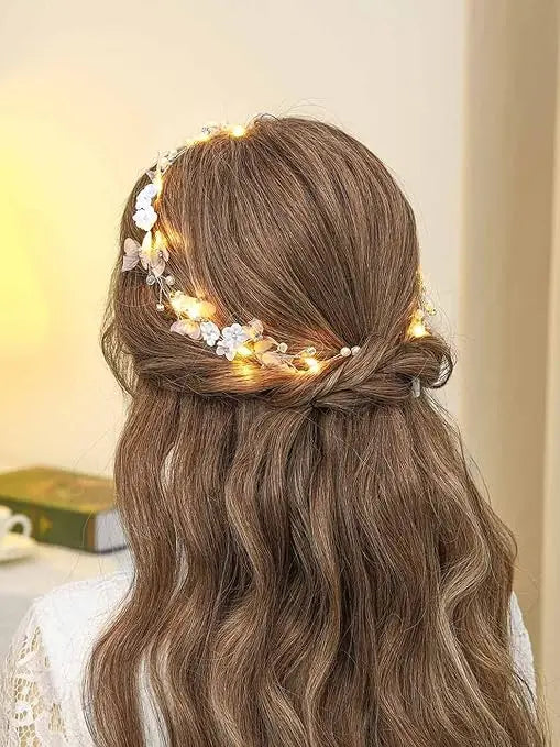 Light Up White Wedding Headbands LED Pearl Flower Princess Headpiece Leaves Hairband Bridal Wedding for Women Girl