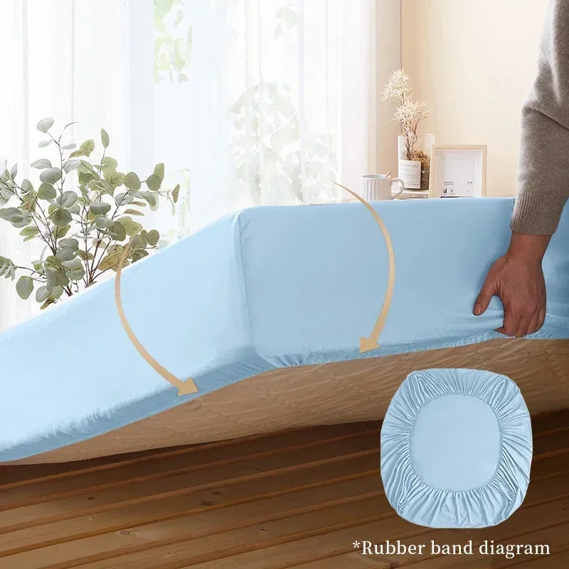 Cotton Fitted Sheet Soild Color with Elastic Band Non Slip Adjustable Mattress Cover for Double King Queen Bed 90/120/150/180M