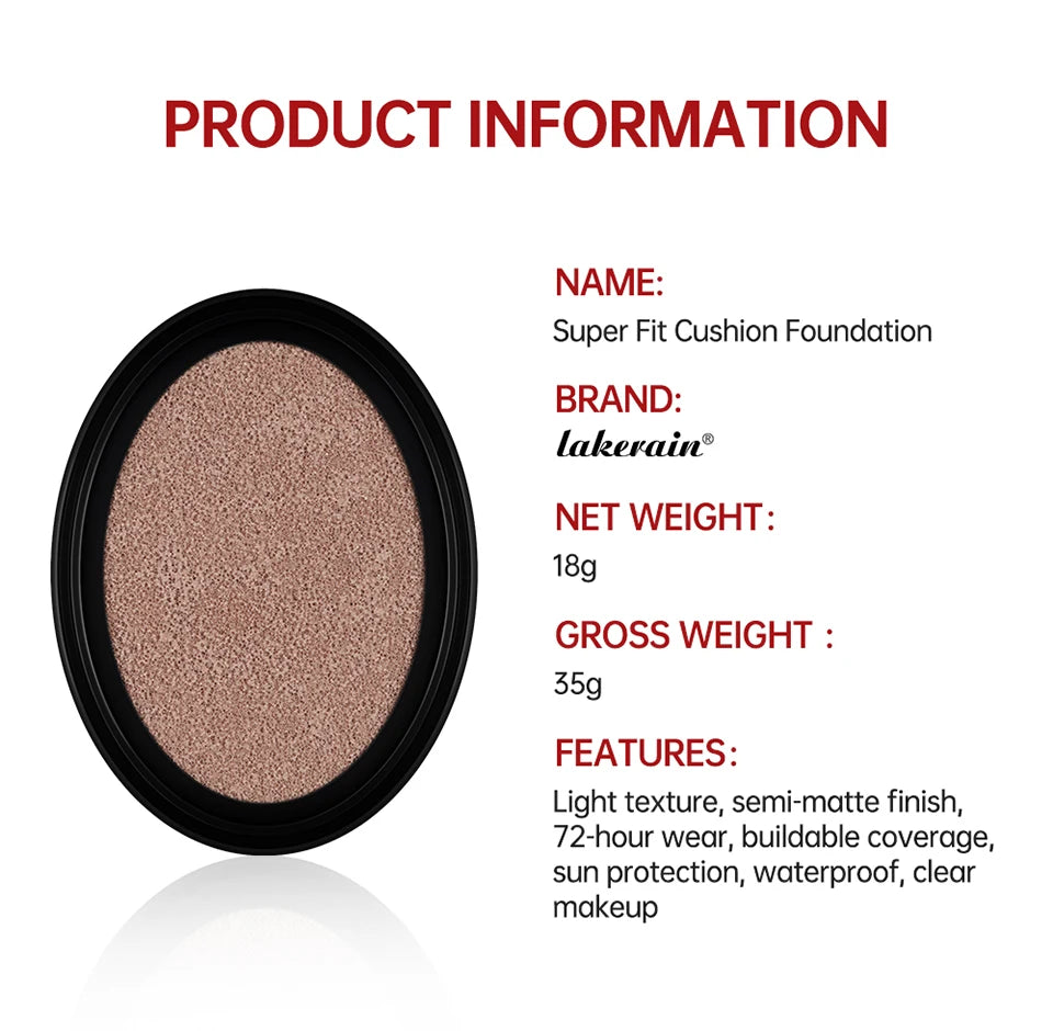 Cushion Foundation Refill Waterproof Semi-Matte Red Finish 72-Hour Wear Long-Lasting Buildable Coverage Sun Protection Makeup