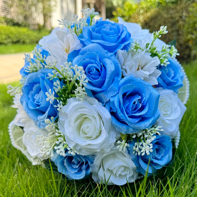 Wedding Bouquets for Bride Babysbreath Rose Bridesmaid Bouquets Silk Ribbon Valentine's Day Decoration Pearl Lace Mesh Ball Gift