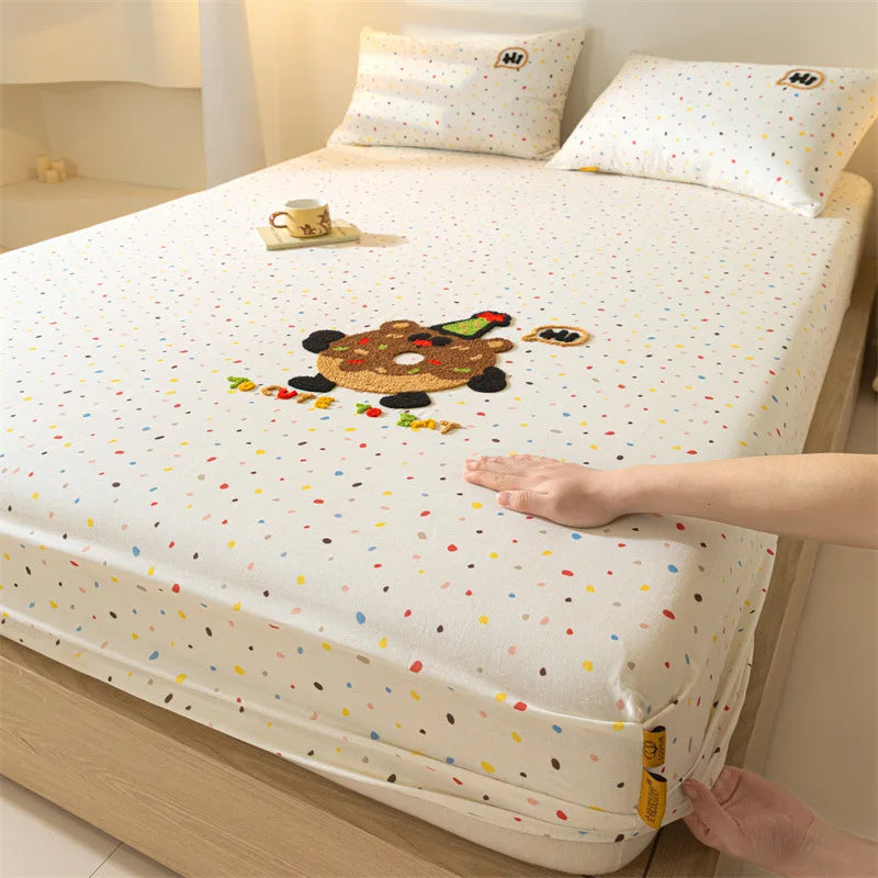 100% Cotton Cartoon Towel Embroidered Fitted Sheet A-Class Single Bed Cover for All Seasons Anti-Slip Mattress Protective Cover