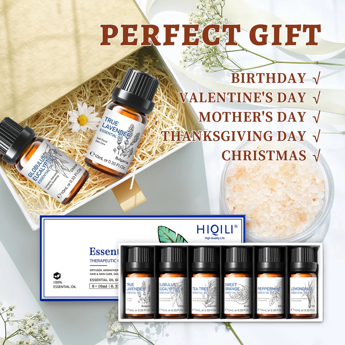 HIQILI Essential Oils Set, Pure Nature Plant Oil for Diffuser Humidifier Hair Skin Care Massage Candle Making-6PCS*10mL