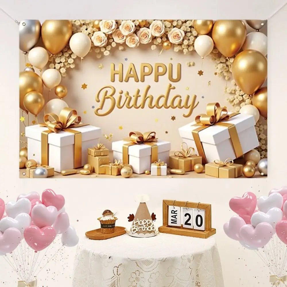 Golden Birthday Party Background Polyester Celebrate Banner Poster Balloon Flower Photography Backdrops Wedding Birthday
