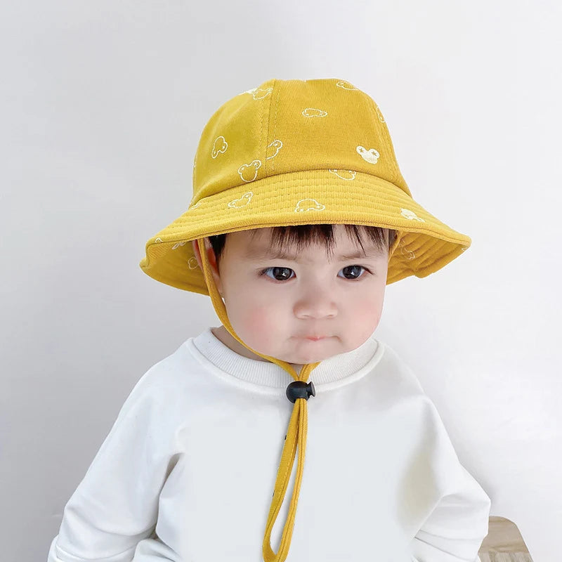 Baby Sunscreen Bucket Hats Cute Cartoon Print Toddler Boy Girl Outdoor UV Protection Fisherman Caps Korean Adjustable Kids Hats