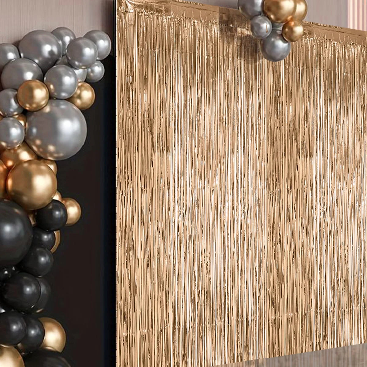 Birthday Party Decorations Backdrop Curtains Glitter Black Gold Tinsel Fringe Foil Curtain Background Wedding Adult Anniversary