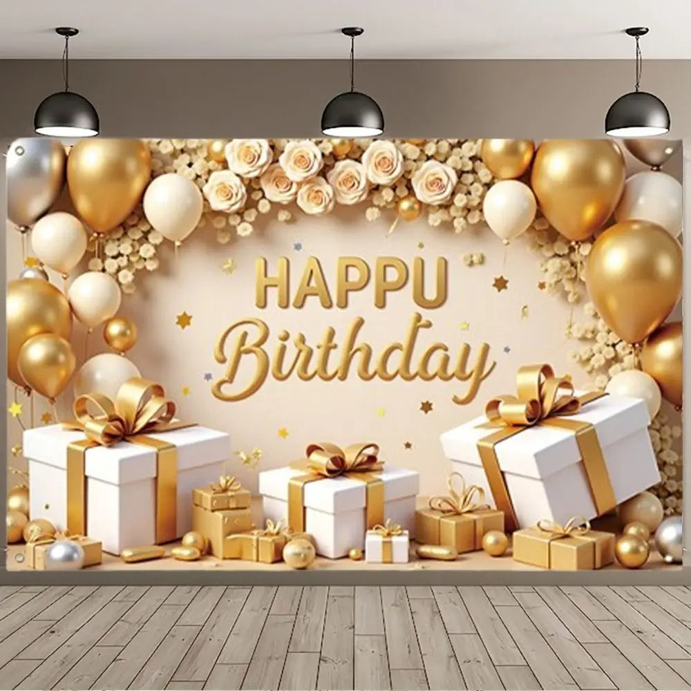 Golden Birthday Party Background Polyester Celebrate Banner Poster Balloon Flower Photography Backdrops Wedding Birthday