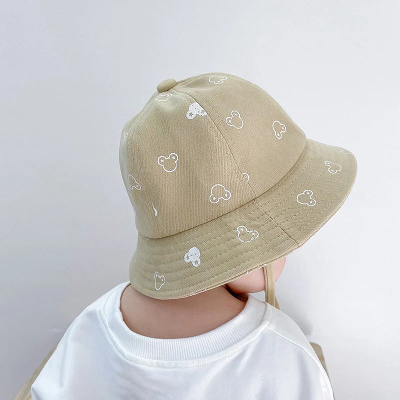 Baby Sunscreen Bucket Hats Cute Cartoon Print Toddler Boy Girl Outdoor UV Protection Fisherman Caps Korean Adjustable Kids Hats