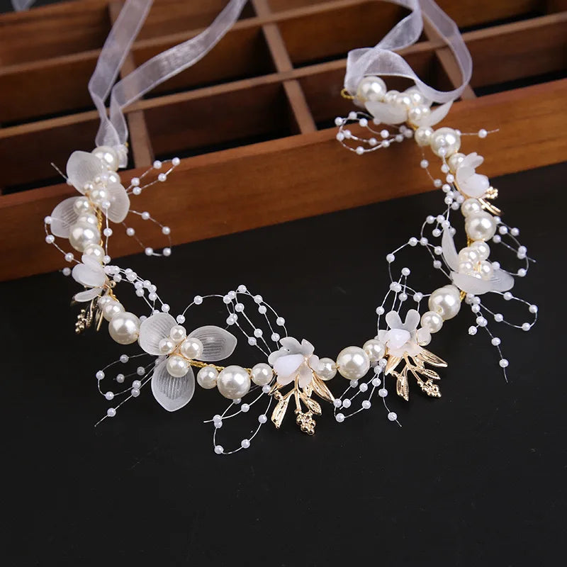 Light Up White Wedding Headbands LED Pearl Flower Princess Headpiece Leaves Hairband Bridal Wedding for Women Girl