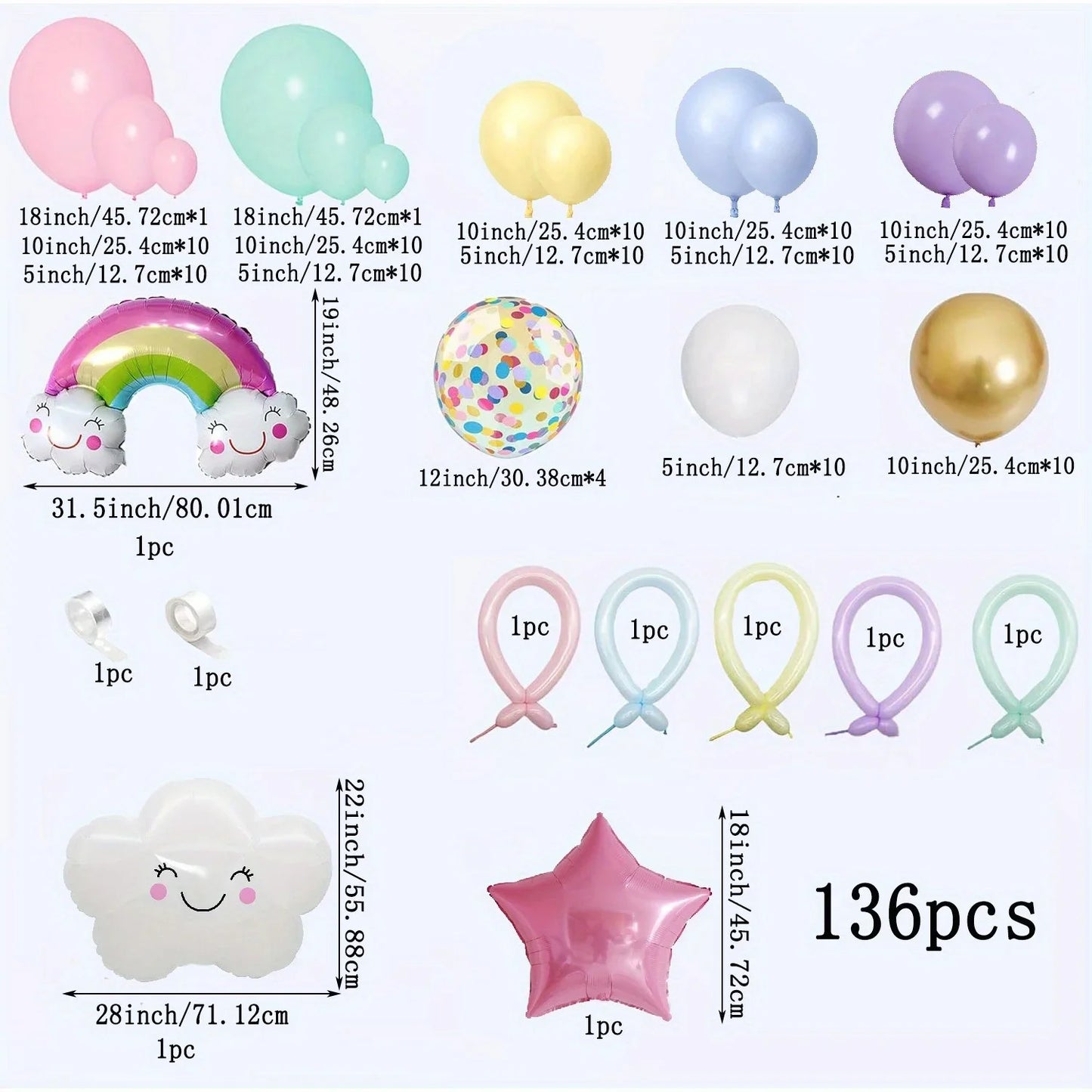 136pcs Macaron Colored White Cloud Balloon Arch Set for Birthdays, Baptisms and General Celebrations Without Electricity