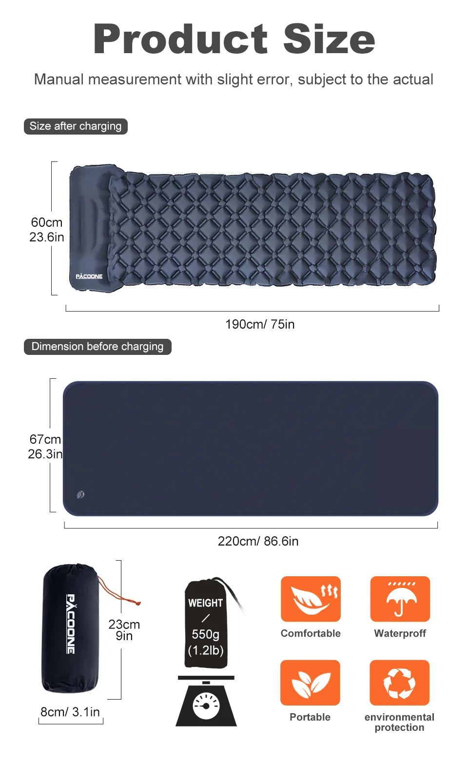 PACOONE Outdoor Camping Sleeping Pad Folding Sleep Mat Beach Inflat Mattress with Pillows Ultralight Air Mat Travel Hiking New