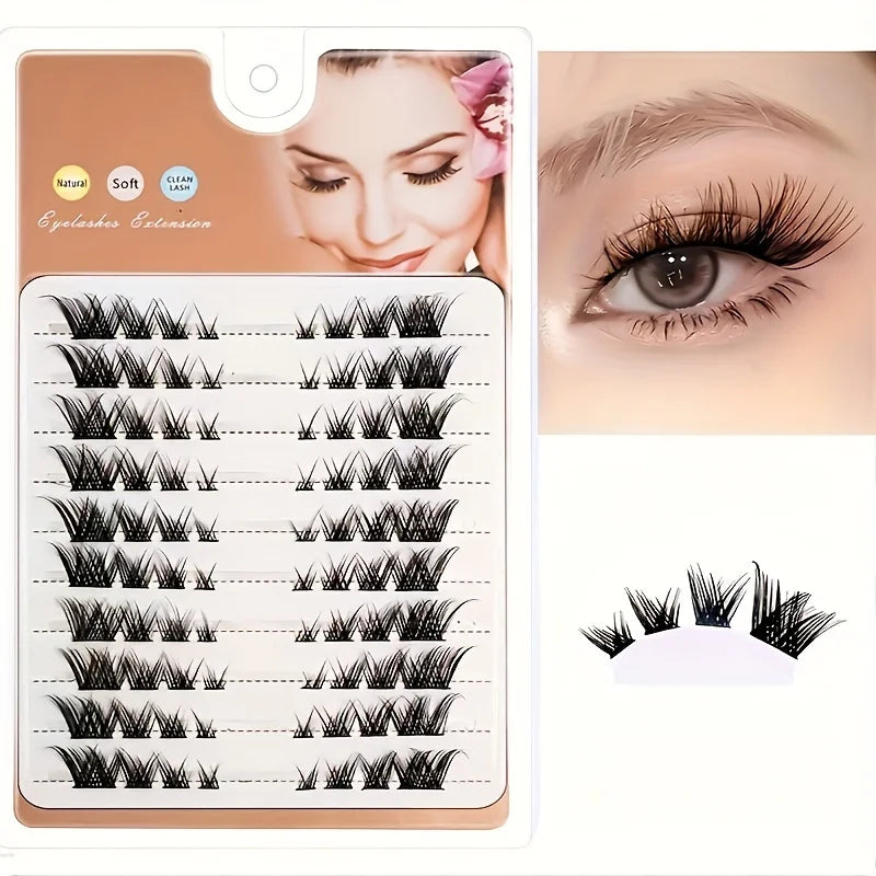 64/80 natural clustered eyelashes - fox eye and cat eye appearance, mixed length, suitable for various styles