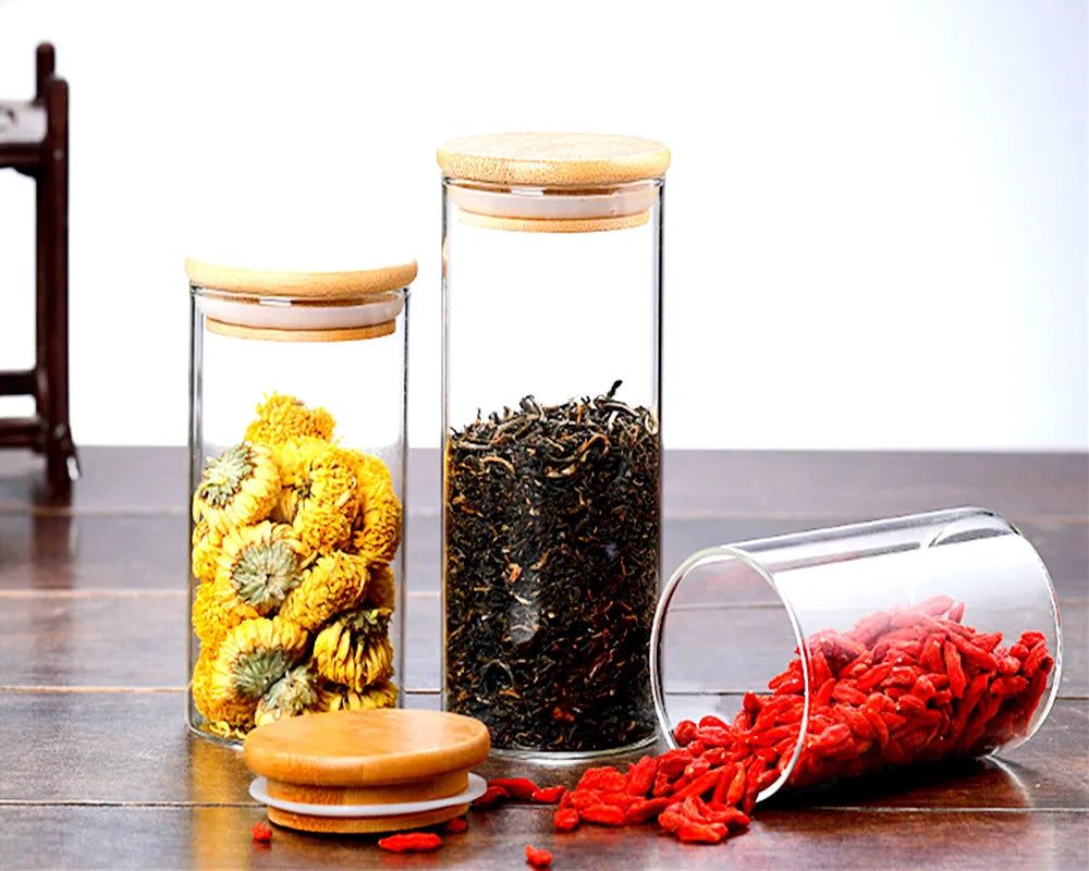 Glass Jar with Bamboo Lid, Kitchen Sealed Storage Bottles, Tea Coffee Bean Container, Spice Organizer, 250 ml, 300 ml, 350 ml