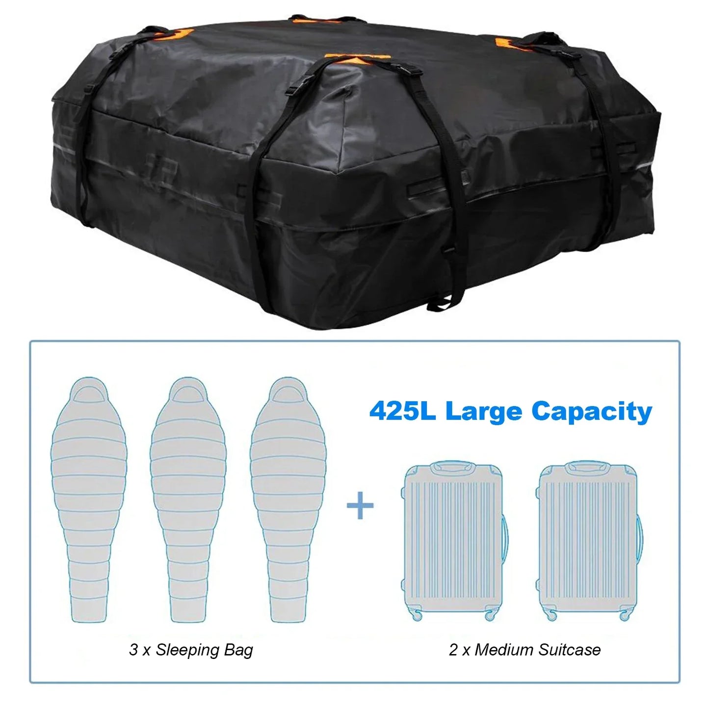 Waterproof Car Roof Cargo Bag 425L Universal Travel Storage Carrier Black-2