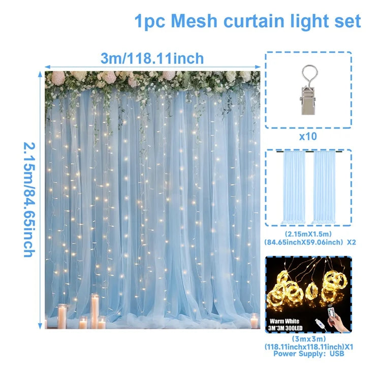 1 Set/2 Pieces Tulle Backdrop Curtains with Lights for Party Wedding Arch Baby Shower Birthday Party Photo Shoot Decorations
