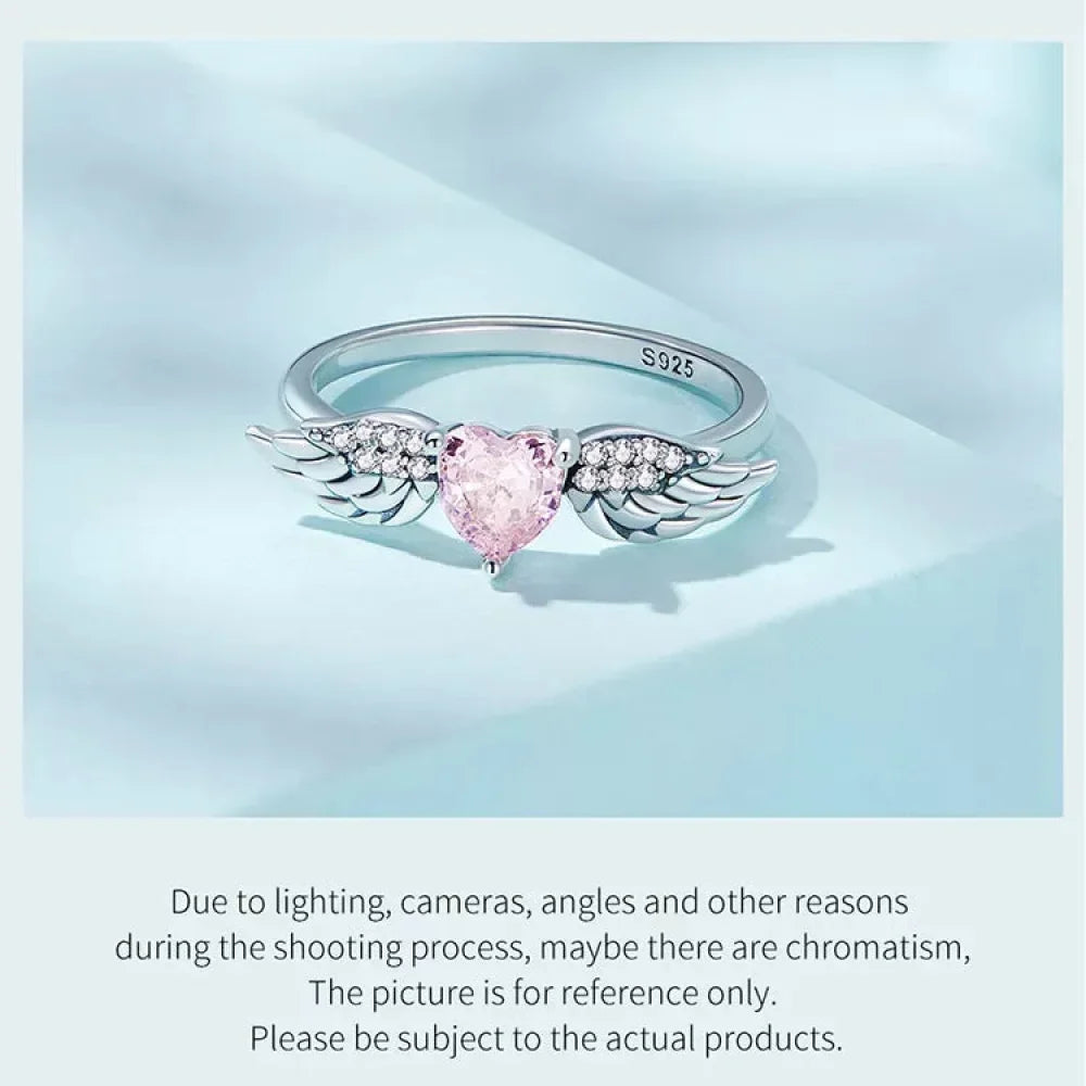 925 Sterling Silver Pink Heart Zircon Ring for Women - Love & Wing Ring