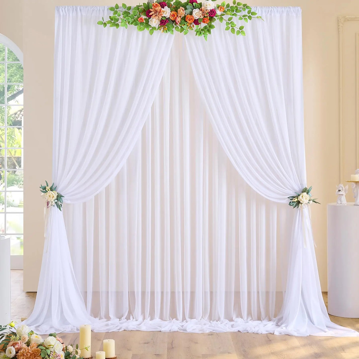 White Chiffon Backdrop Curtain for Wedding Party Sheer Drapes Curtains for Parties Baptism Birthday Baby Shower Photoshoot